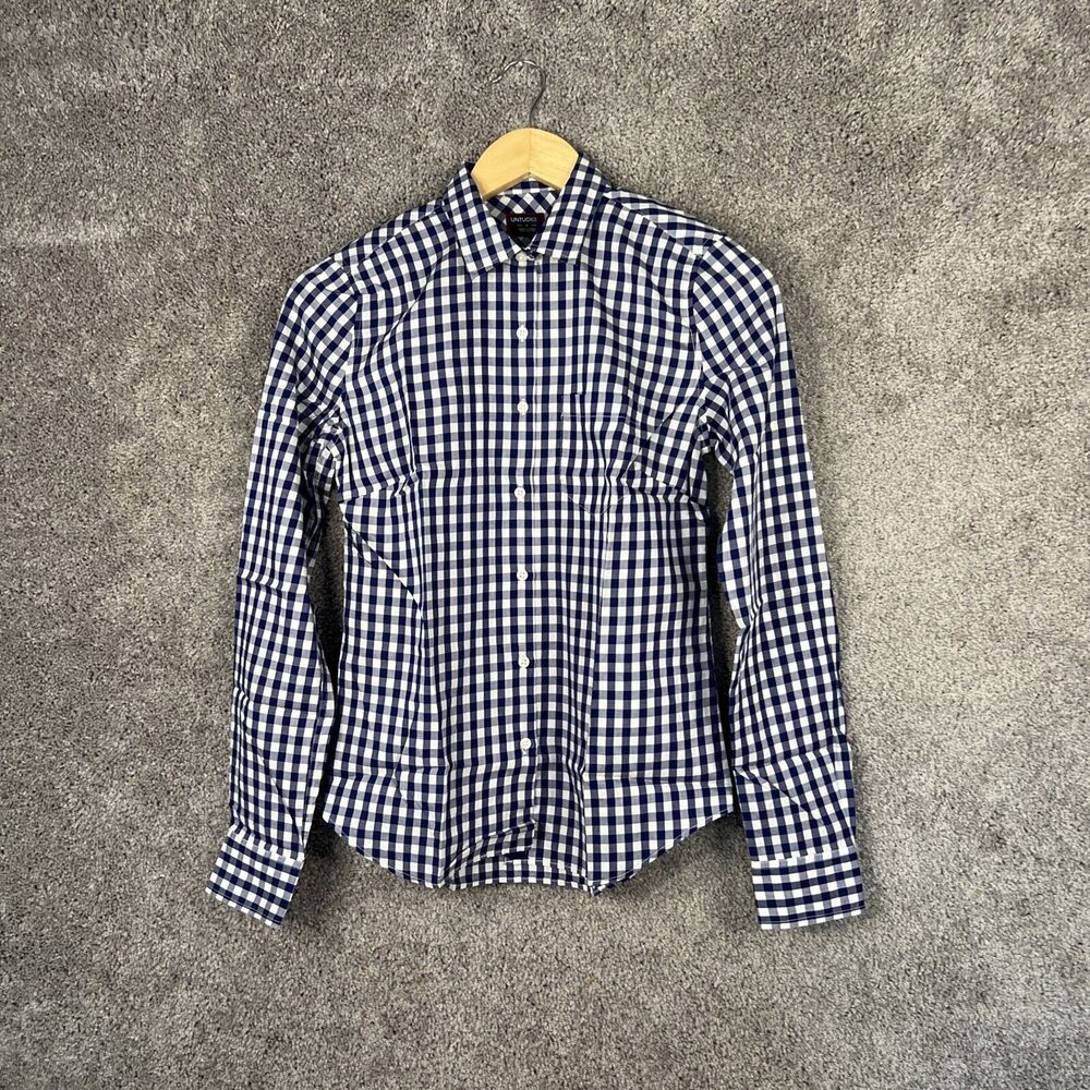 Untuckit Womens Shirt Belleza Blue Checkered Long Sleeve Pockets Button Up Top